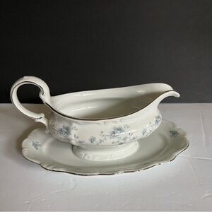 Haviland White and Blue Floral Gravy Boat with Attached Saucer Bavaria Germany